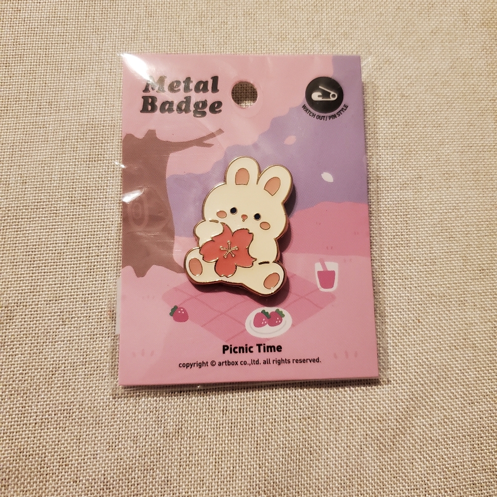 NEW Cute Bunny Sakura Artbox Metal Badge - Picnic Time